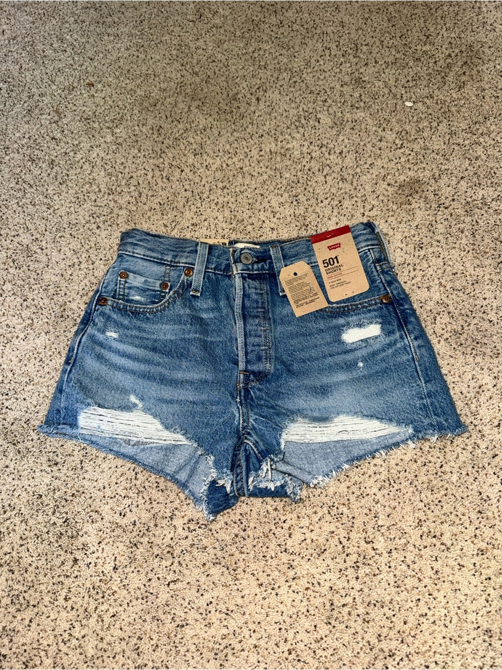 Levi's 501 High-Rise Distressed Jean Shorts in Medium Blue